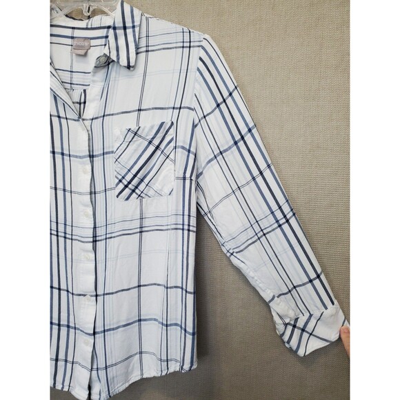 Chico's Rayon White Plaid Long Sleeve Button-Up Shirt Size 2 Large - Picture 2 of 6